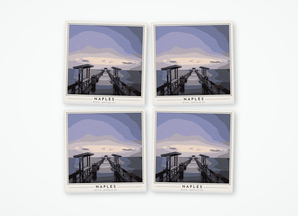 Set of 4 poster-style coasters of the Naples Pier stretching into the Gulf of Mexico at sunset, full-color