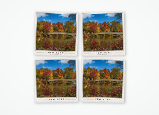 Set of 4 poster-style coasters of Bow Bridge in Central Park, full-color