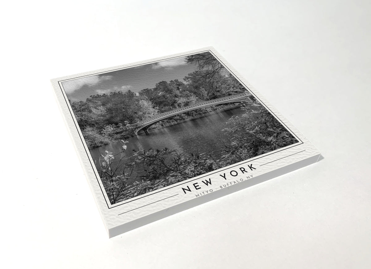Square poster-style coaster of Bow Bridge in Central Park, black-and-white