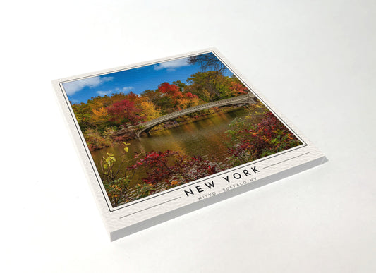 Square poster-style coaster of Bow Bridge in Central Park, full-color