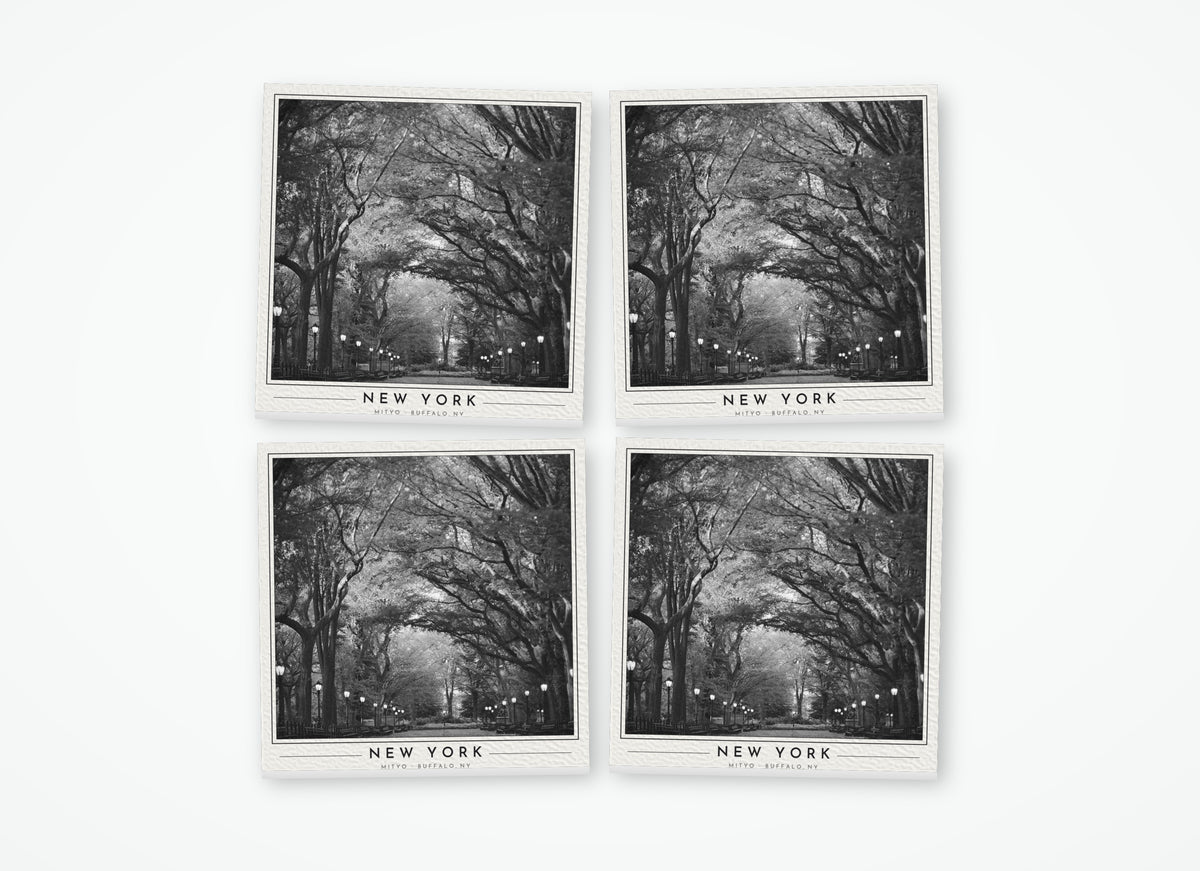 Set of 4 poster-style coasters of the Mall in Central Park, black-and-white