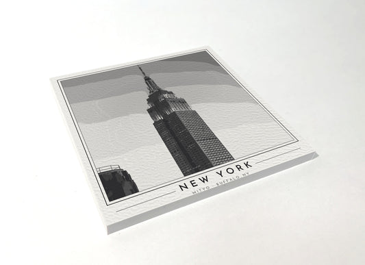 Square poster-style coaster of the Empire State Building in New York, black-and-white