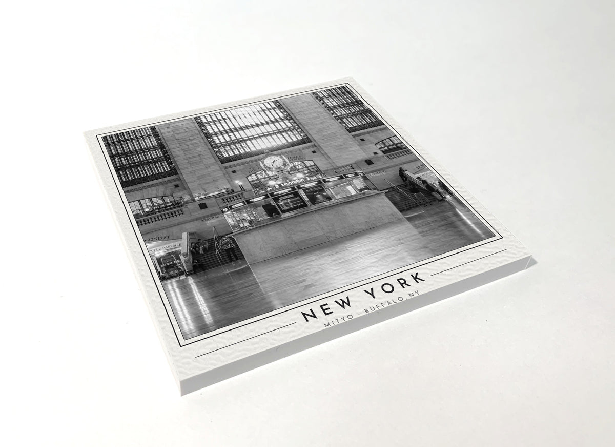 Square poster-style coaster of the clock at Grand Central Terminal, black-and-white