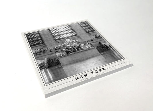 Square poster-style coaster of the clock at Grand Central Terminal, black-and-white