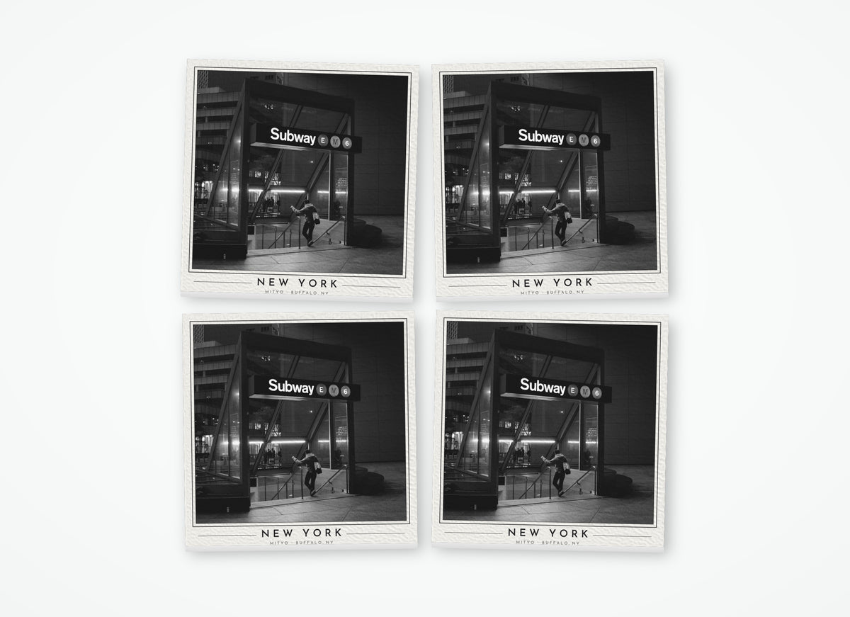 Set of 4 poster-style coasters of a New York City subway entrance, black-and-white