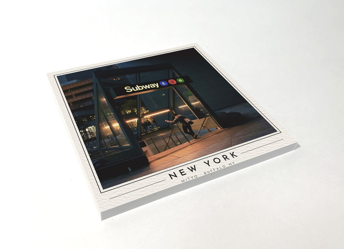 Square poster-style coaster of a New York City subway entrance, full-color