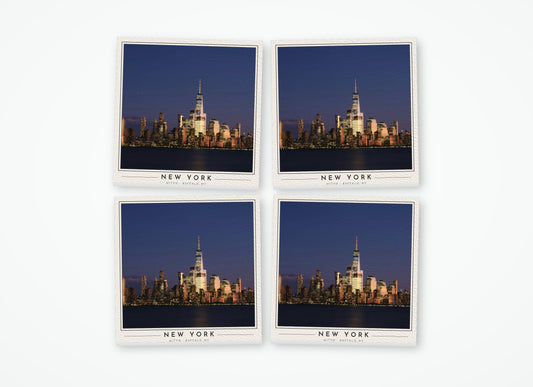 Set of 4 poster-style coasters of the Lower Manhattan skyline at night, full-color