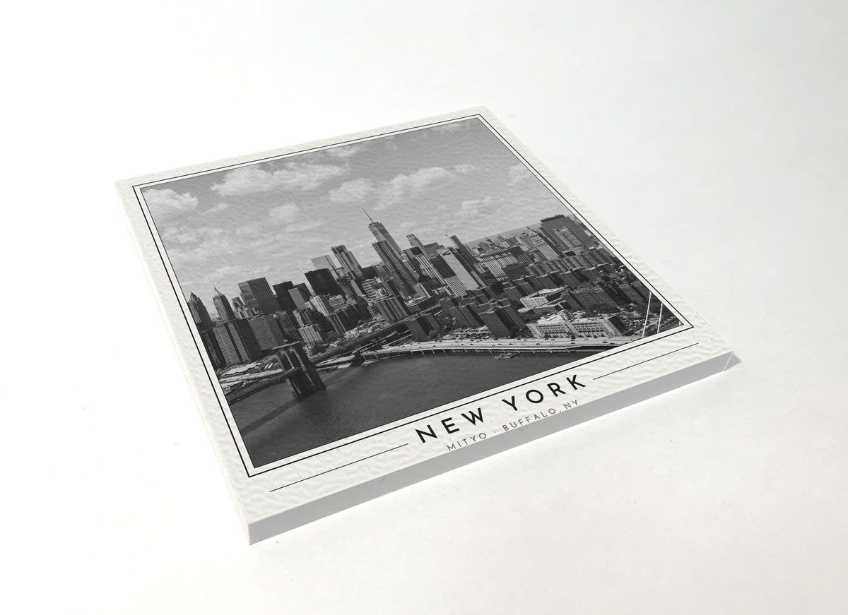 Square poster-style coaster of the Lower Manhattan skyline, black-and-white