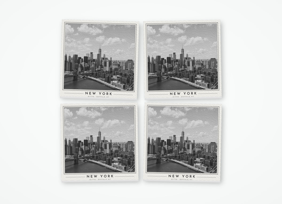 Set of 4 poster-style coasters of the Lower Manhattan skyline, black-and-white