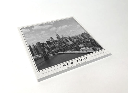 Square poster-style coaster of the Lower Manhattan skyline, black-and-white