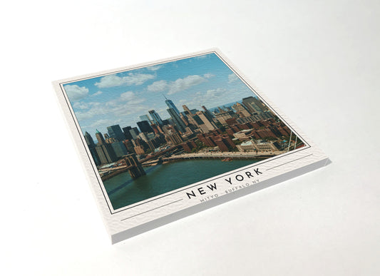 Square poster-style coaster of the Lower Manhattan skyline, full-color