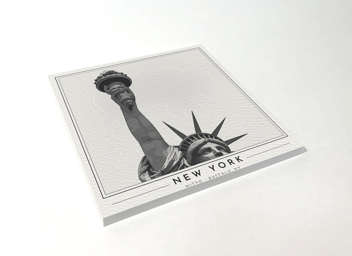 Square poster-style coaster of the Statue of Liberty in New York, black-and-white