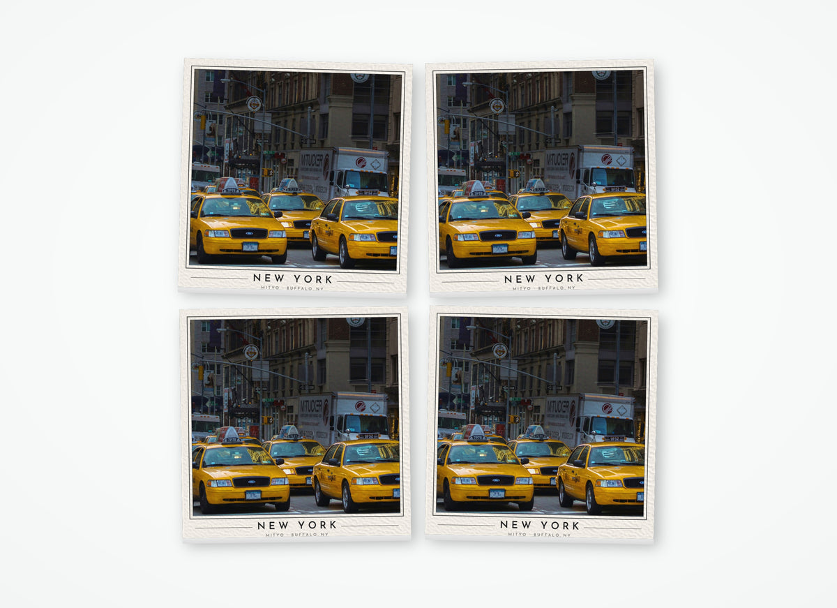 Set of 4 poster-style coasters of a line of yellow NYC taxi cabs, full-color