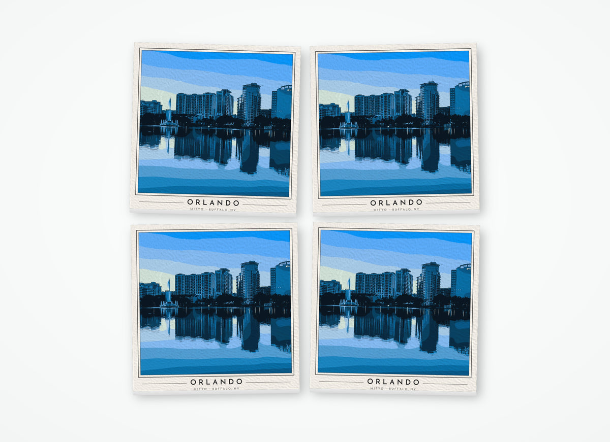 Set of 4 poster-style coasters of the downtown Orlando skyline reflected in Lake Eola, full-color