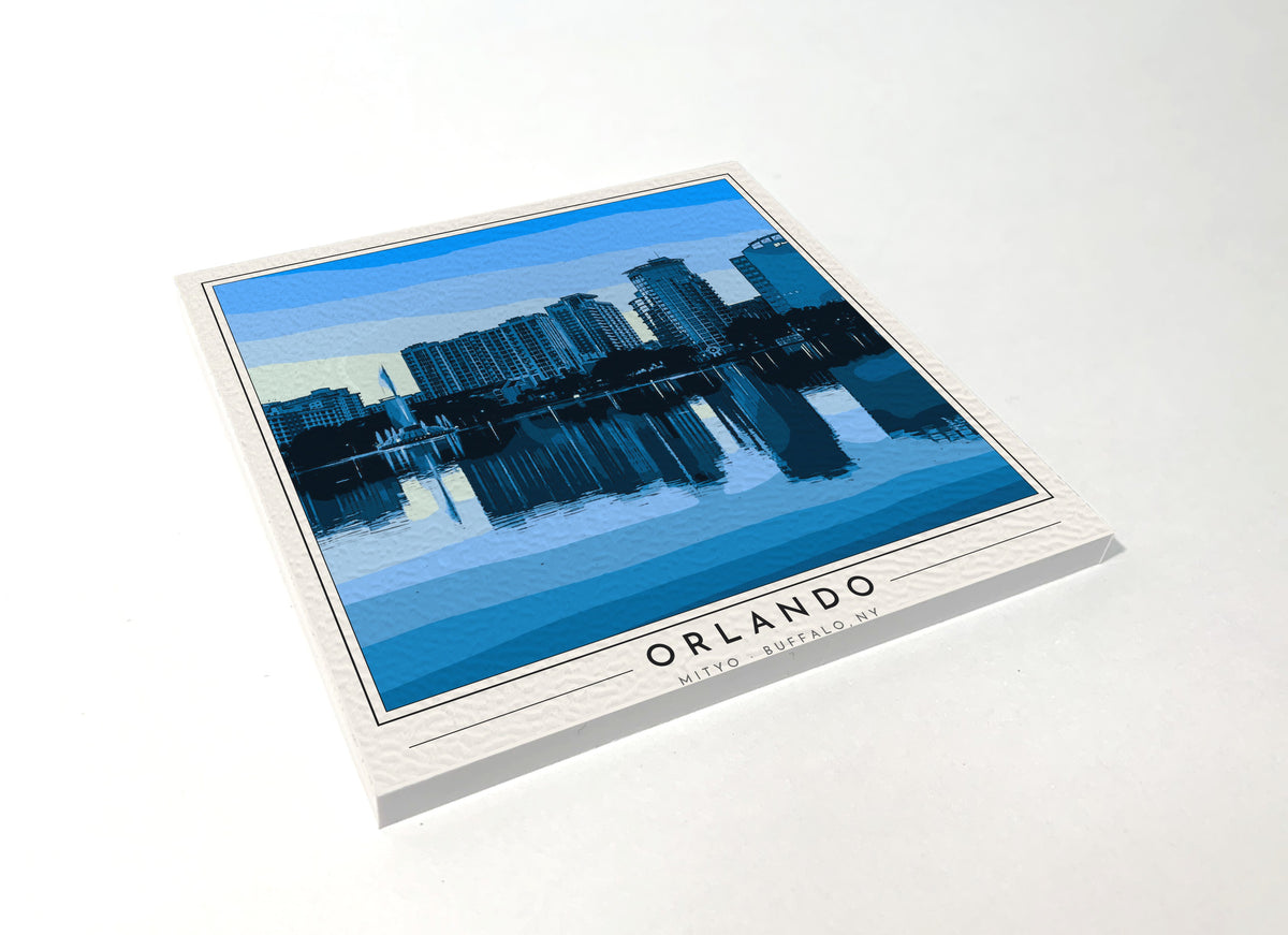 Square poster-style coaster of the downtown Orlando skyline reflected in Lake Eola, full-color
