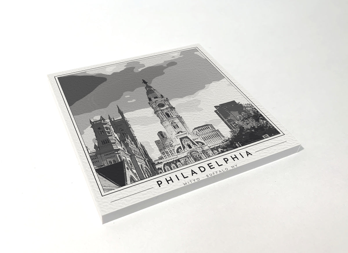 Square poster-style coaster of Philadelphia City Hall, black-and-white