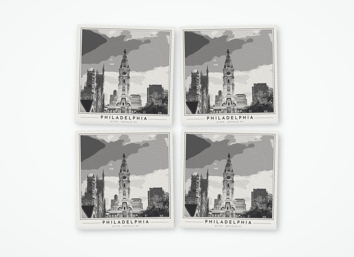 Set of 4 poster-style coasters of Philadelphia City Hall, black-and-white