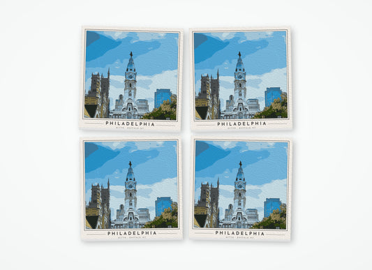 Set of 4 poster-style coasters of Philadelphia City Hall, full-color