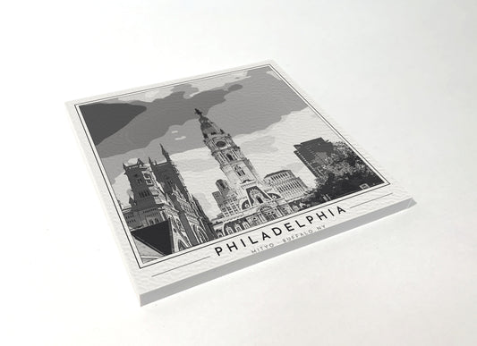 Square poster-style coaster of Philadelphia City Hall, black-and-white