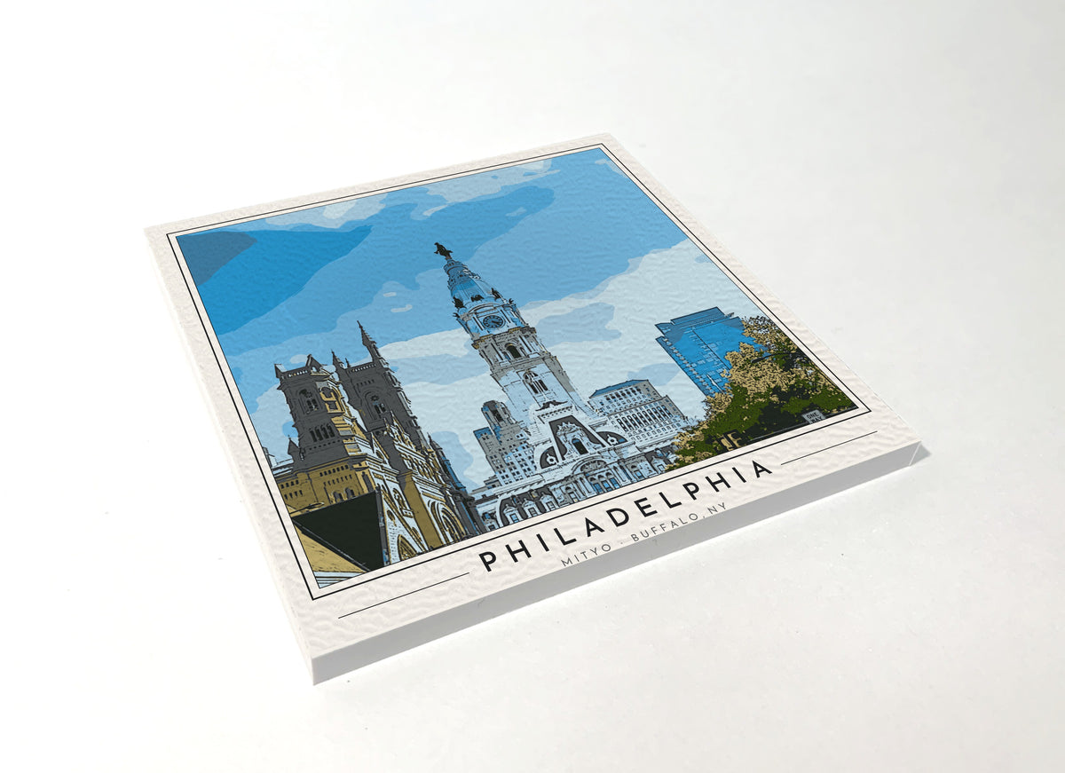 Square poster-style coaster of Philadelphia City Hall, full-color