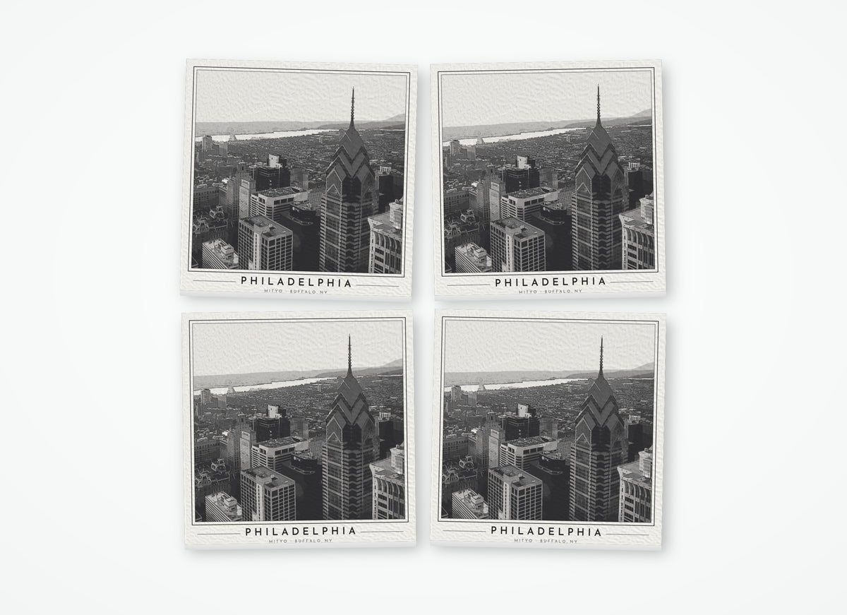 Set of 4 poster-style coasters of the Philadelphia skyline, black-and-white
