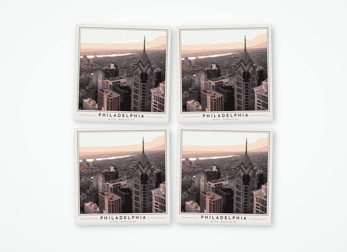 Set of 4 poster-style coasters of the Philadelphia skyline, full-color