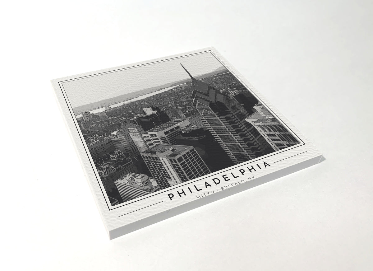 Square poster-style coaster of the Philadelphia skyline, black-and-white