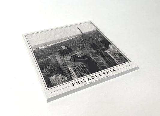 Square poster-style coaster of the Philadelphia skyline, black-and-white