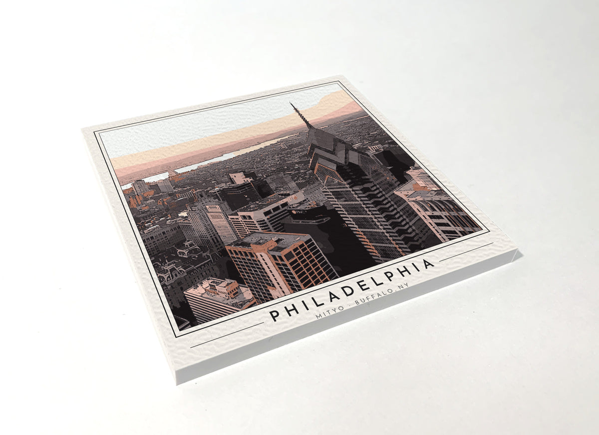 Square poster-style coaster of the Philadelphia skyline, full-color