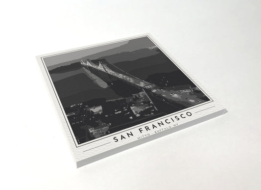 Square poster-style coaster of the San Francisco–Oakland Bay Bridge, black-and-white