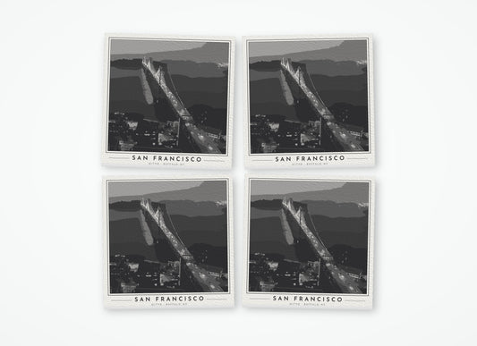 Set of 4 poster-style coasters of the San Francisco–Oakland Bay Bridge, black-and-white