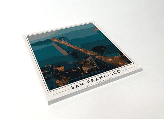 Square poster-style coaster of the San Francisco–Oakland Bay Bridge, full-color