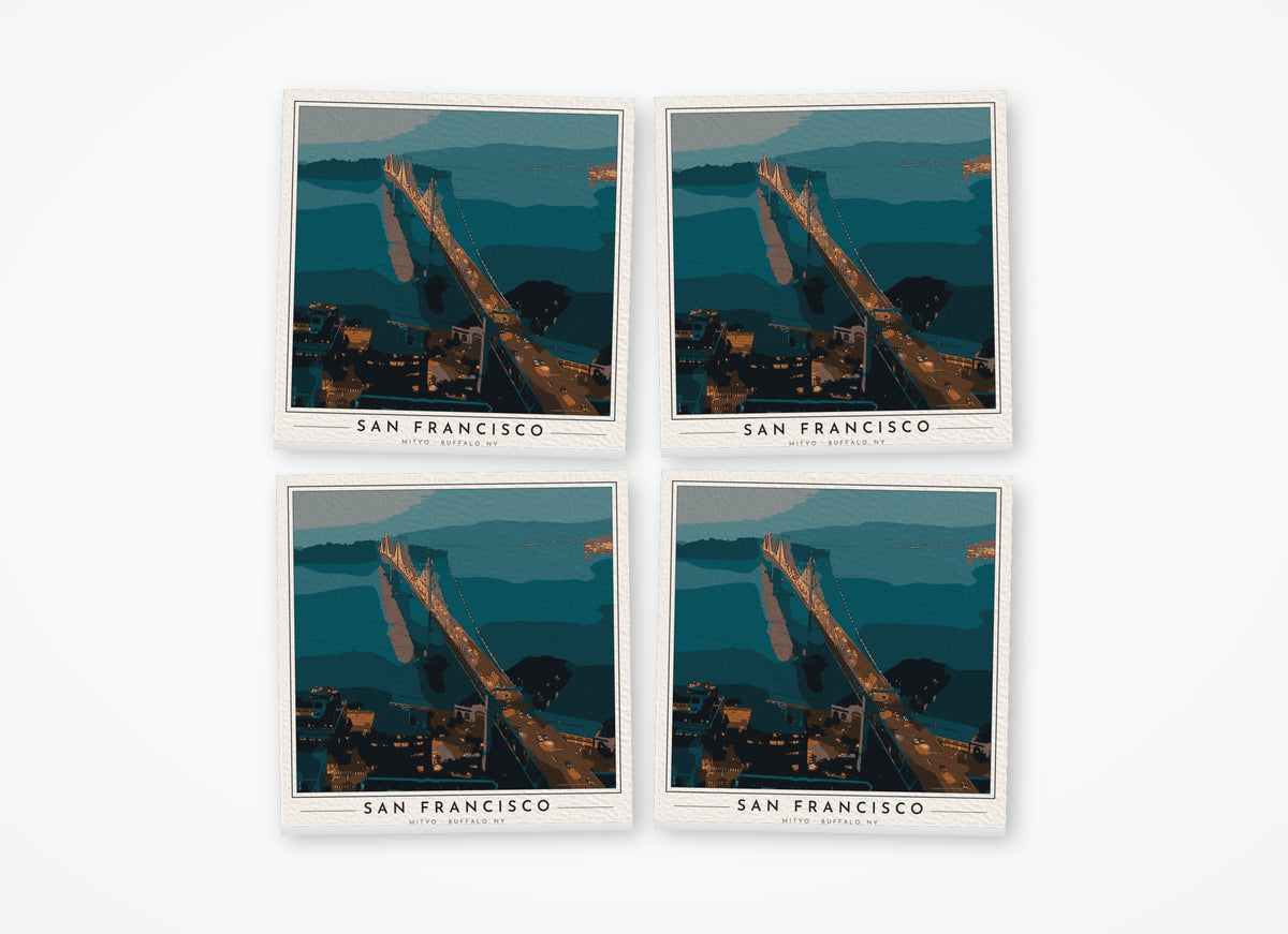 Set of 4 poster-style coasters of the San Francisco–Oakland Bay Bridge, full-color