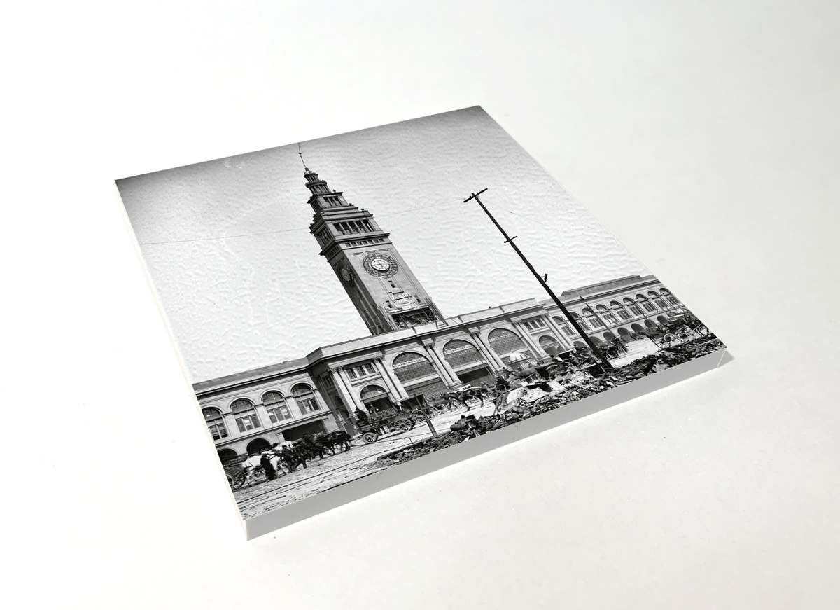 San Francisco Ferry Building black and white square coaster