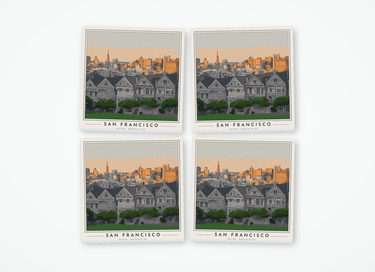 Set of 4 poster-style coasters of the Painted Ladies Victorian houses in San Francisco, full-color