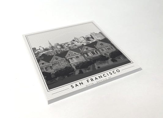 Square poster-style coaster of the Painted Ladies Victorian houses in San Francisco, black-and-white