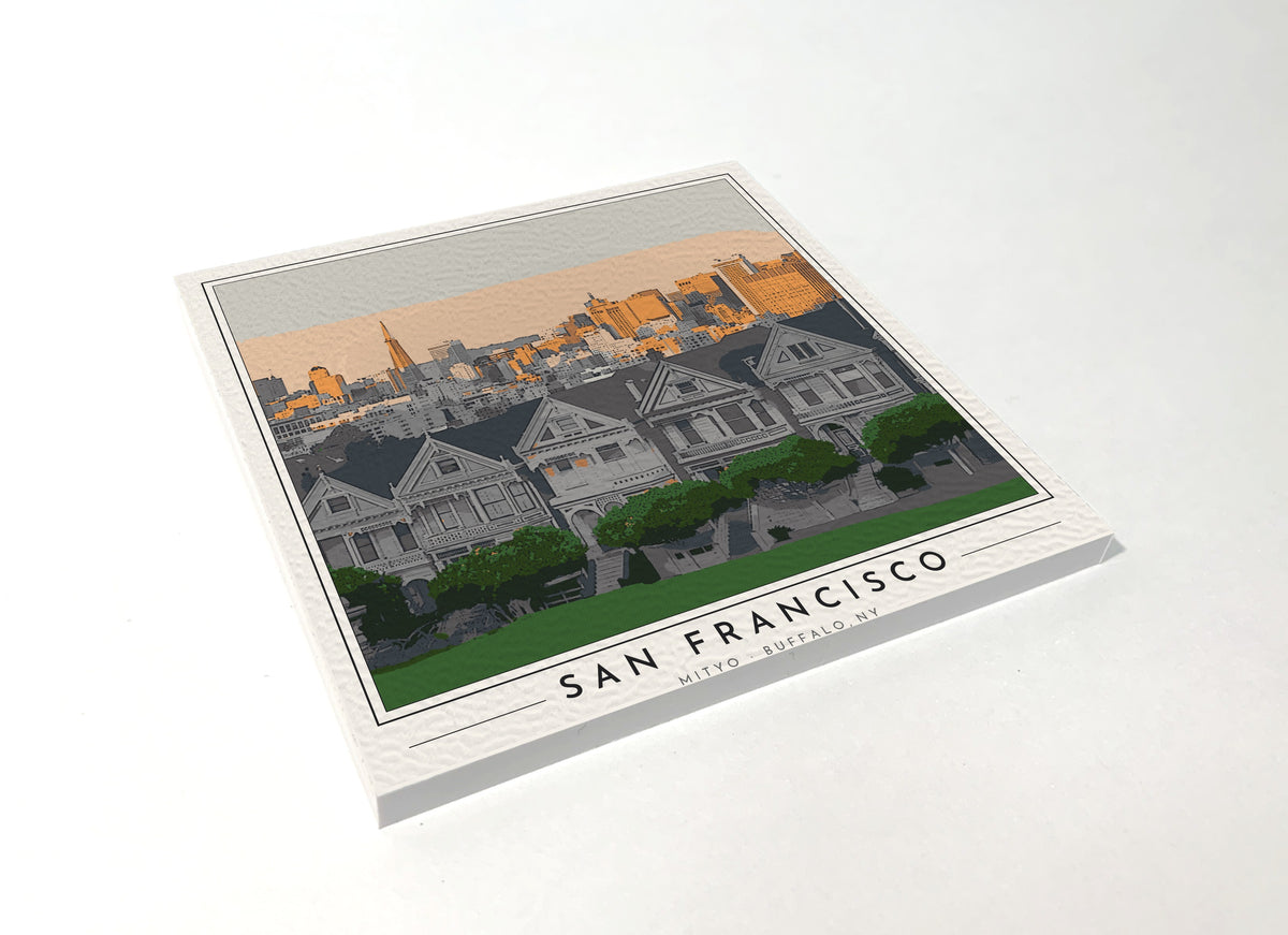 Square poster-style coaster of the Painted Ladies Victorian houses in San Francisco, full-color
