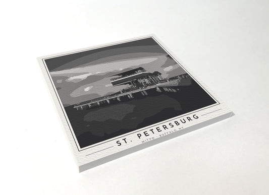 Square poster-style coaster of the pier head building at the end of the St. Petersburg pier on Tampa Bay, black-and-white