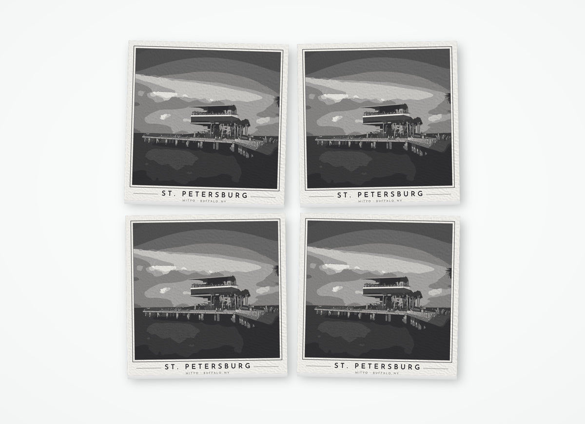 Set of 4 poster-style coasters of the pier head building at the end of the St. Petersburg pier on Tampa Bay, black-and-white