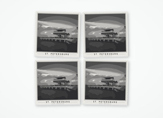 Set of 4 poster-style coasters of the pier head building at the end of the St. Petersburg pier on Tampa Bay, black-and-white