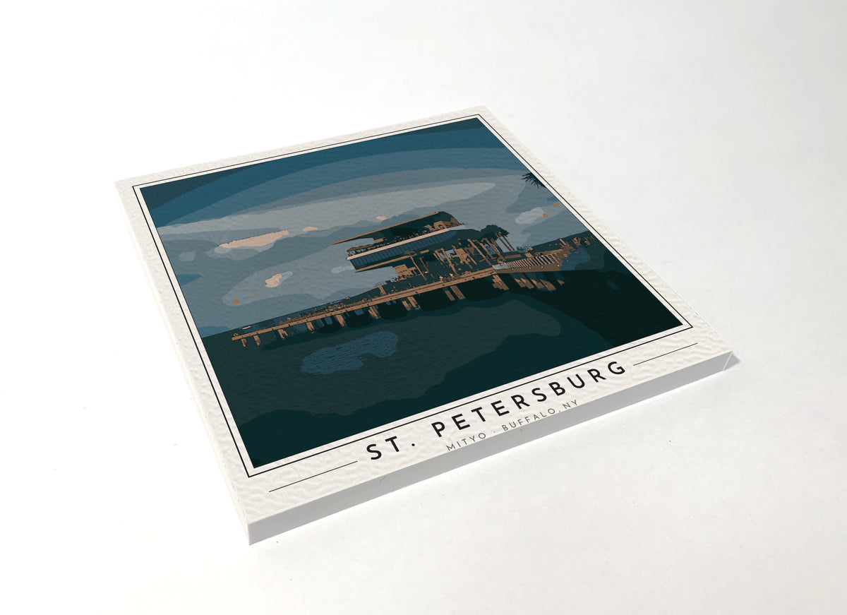 Square poster-style coaster of the pier head building at the end of the St. Petersburg pier on Tampa Bay, full-color