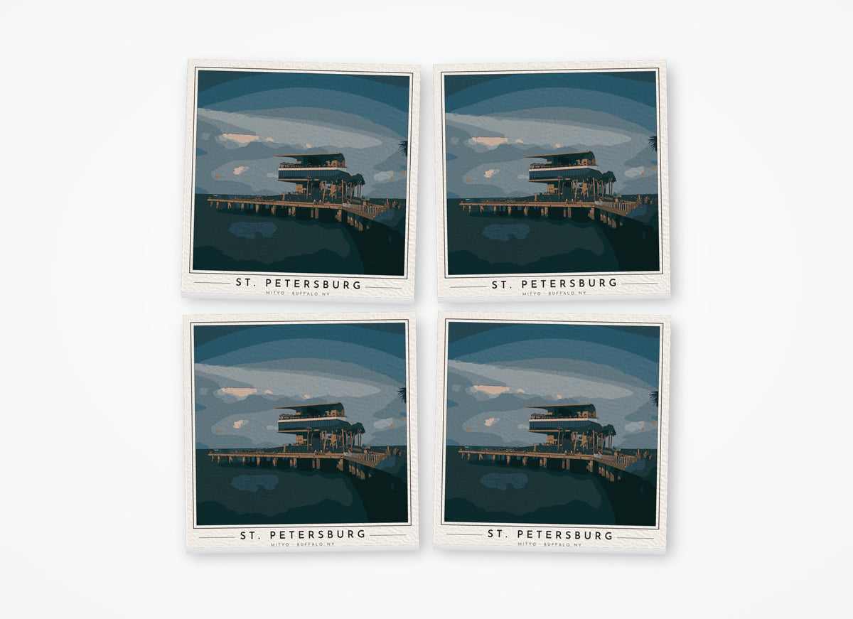 Set of 4 poster-style coasters of the pier head building at the end of the St. Petersburg pier on Tampa Bay, full-color