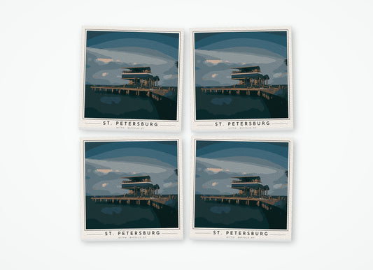 Set of 4 poster-style coasters of the pier head building at the end of the St. Petersburg pier on Tampa Bay, full-color