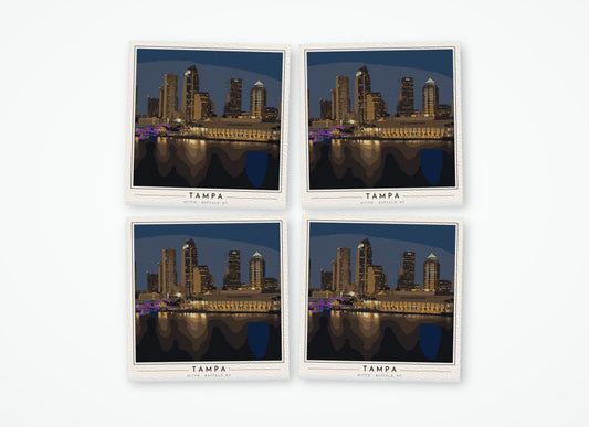 Set of 4 poster-style coasters of the downtown Tampa skyline at night along the Hillsborough River, full-color