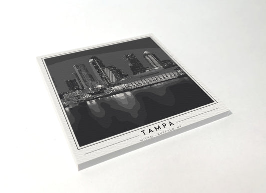 Square poster-style coaster of the downtown Tampa skyline at night along the Hillsborough River, black-and-white