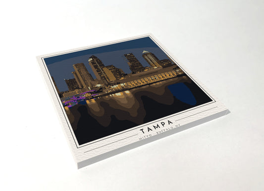 Square poster-style coaster of the downtown Tampa skyline at night along the Hillsborough River, full-color