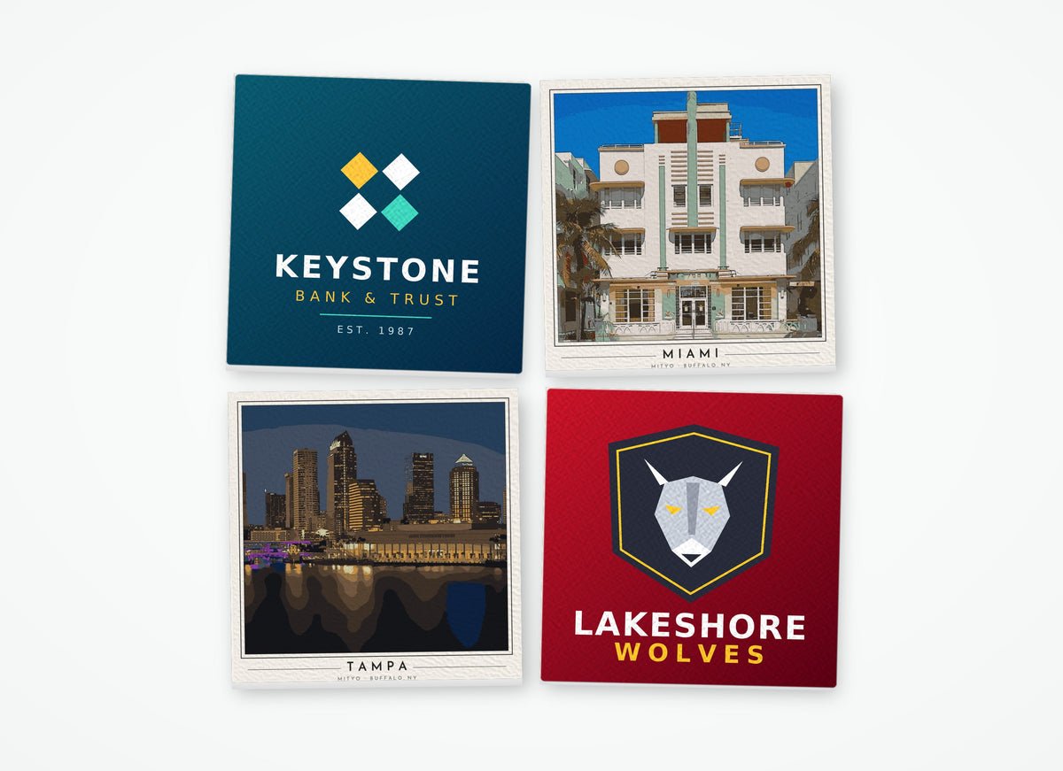 Custom logo and MITYO city drink coasters, 4x4 inch corporate gift set