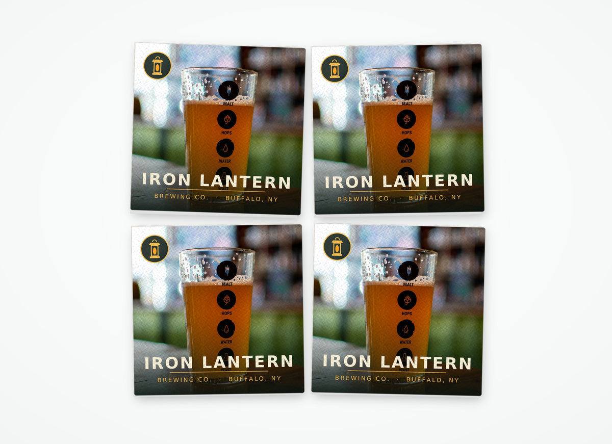 4-pack of full-color photo drink coasters with a sample brewery logo