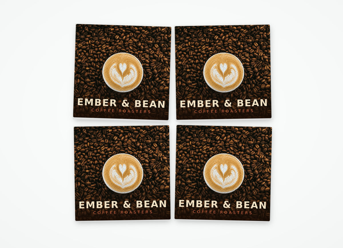 4-pack of full-color photo drink coasters with a sample coffee roaster logo