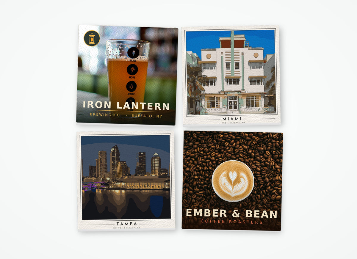 Full-color photo logo drink coasters mixed with MITYO city coasters, corporate gift set